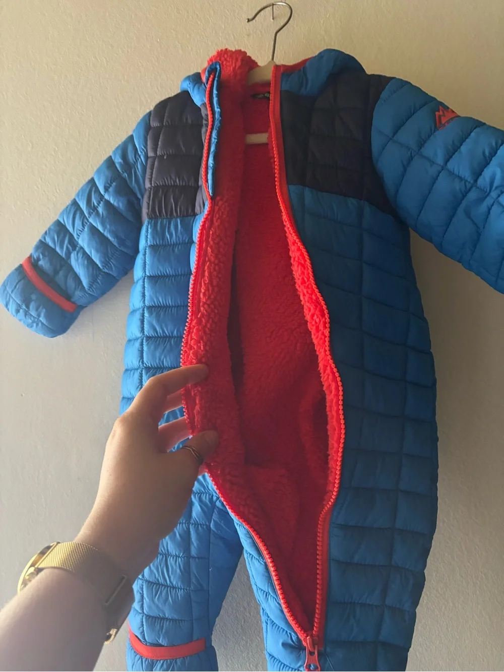Snozu Blue Quilted Kids One-Piece Snowsuit with Red Trim
